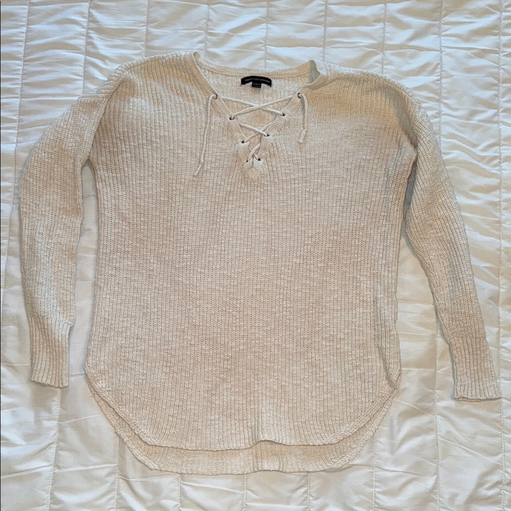 Women's Cream Sweater with Lace-Up Detail